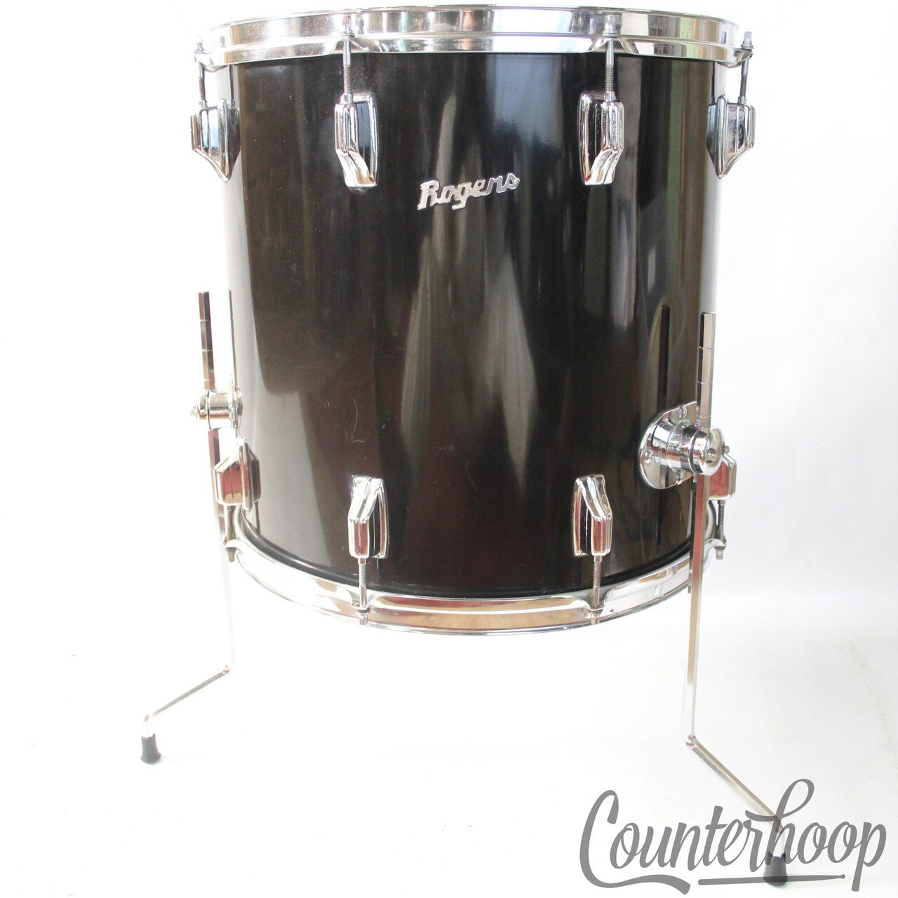 Rogers 16x16"Jet Black Pearl Floor Tom Drum Powertone Knobby Hex Vintage70s 9/72 — main photograph