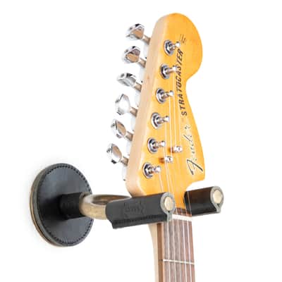 Levy's Leathers Forged Steel Guitar Hanger; Brass Metal with Black Veg-Tan Leather Yoke Wraps image 1