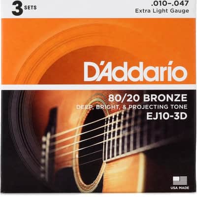 D'Addario 80/20 Bronze Acoustic Guitar Strings - .010-.047 Extra Light (3-pack) image 2