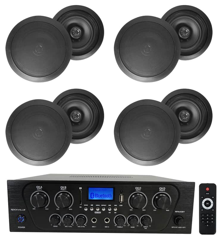 Rockville RPA40BT 4-Room Home Audio Kit Receiver+(8) 8" Black Ceiling Speakers image 1