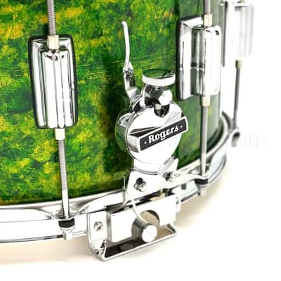 Rogers Dyna-Sonic 7-Line Brass Snare Drum 14x8 Green Alcohol Ink image 3