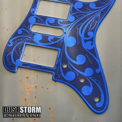 Glossy Black XGP Stratocaster Style Laser Engraved Guitar Body with Royal Blue Acrylic Mirror Pickguard and Tremolo Cover HSH, HSS, SSS Setups Available image 4