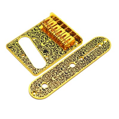 Gold Engraved Guitar Vintage Tele Style Bridge with Control Plate Panel image 1