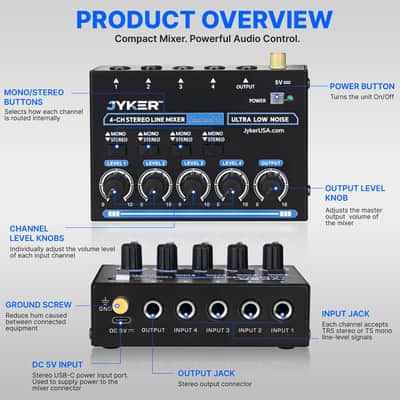 4 Channel Stereo Line Compact Audio Mixer, Mono/Stereo Switch, Low Noise Mixer - JMAMP6 image 2
