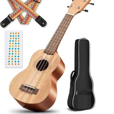 21 Inch Ukulele Mahogany Beginner Kit Soprano Ukelele with Gig Bag Rainbow Strap Fretboard Stickers for Both Adults and Kids image 1