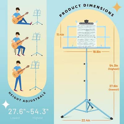 Folding Sheet Music Stand & Desktop Book Stand Lightweight Portable Adjustable with Carrying Bag, Metal Music Stand with Music Sheet Clip Holder Blue CY0204-3 image 5