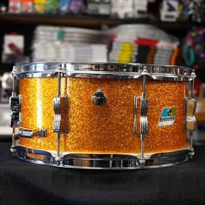 1970s USA Ludwig 6.5x14" Maple Snare Drum - Blue/Olive Badge - Gold Sparkle Wrap image 12