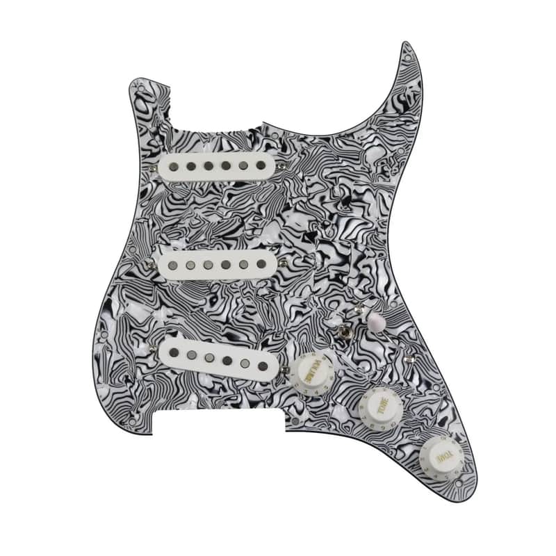 White and Black Strip Guitar Strat Style Prewired Loaded Pickguard, Alnico 5 Pickups, 7 Way Wiring image 1