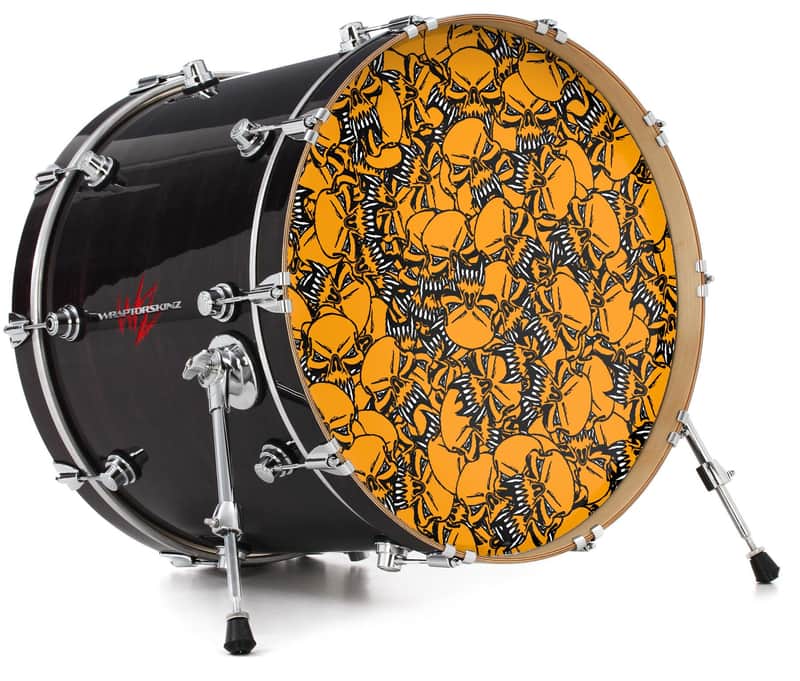 Skin Decal fits 24" Bass Kick Drums Scattered Skulls Orange image 1