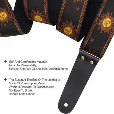 Guitar Strap, Sun Embroidered Cotton Guitar Strap with Head Cowhide Leather Ends for Bass, Electric and Acoustic Guitars, Free Strap Button, 1 Pair of Strap Locks and 4 Guitar Picks image 7