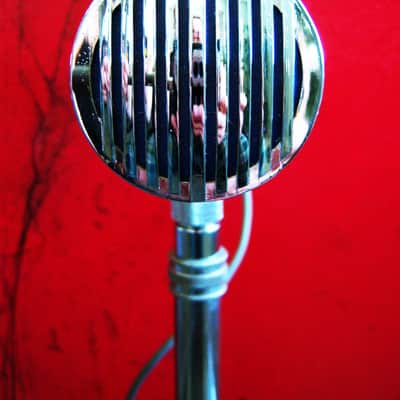 Vintage 1960's AMD 38-015 crystal microphone Hi Z "bullet" harp mic w cable and Aiwa stand Olson Monarch Calrad Argonne image 4