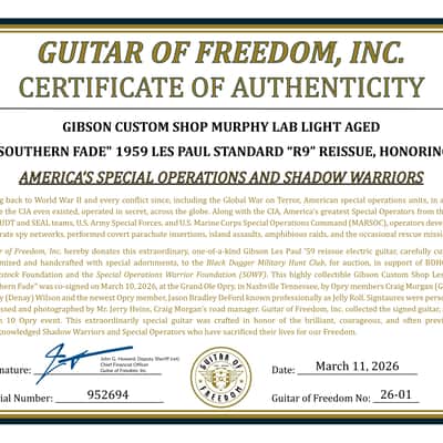 Fundraiser for Veterans!  LAINEY WILSON, JELLY ROLL, CRAIG MORGAN Signed Gibson Custom Shop Murphy Lab 1959 Les Paul Standard (R9) Ultra Light Aged image 4