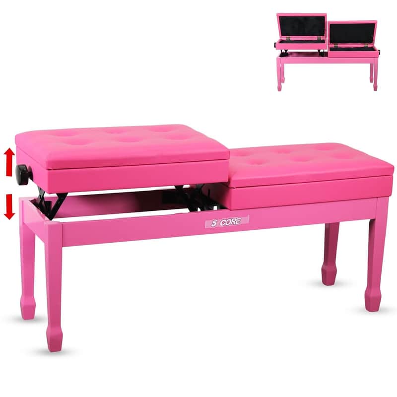 5 Core Duet Piano Bench 3.5 Inch Padded Cushioned Stool Wooden Heavy Duty Musician Chair Height Adjustable Double Keyboard Seat w Storage Nonslip Pink - PNB DT PNK-Pink image 1