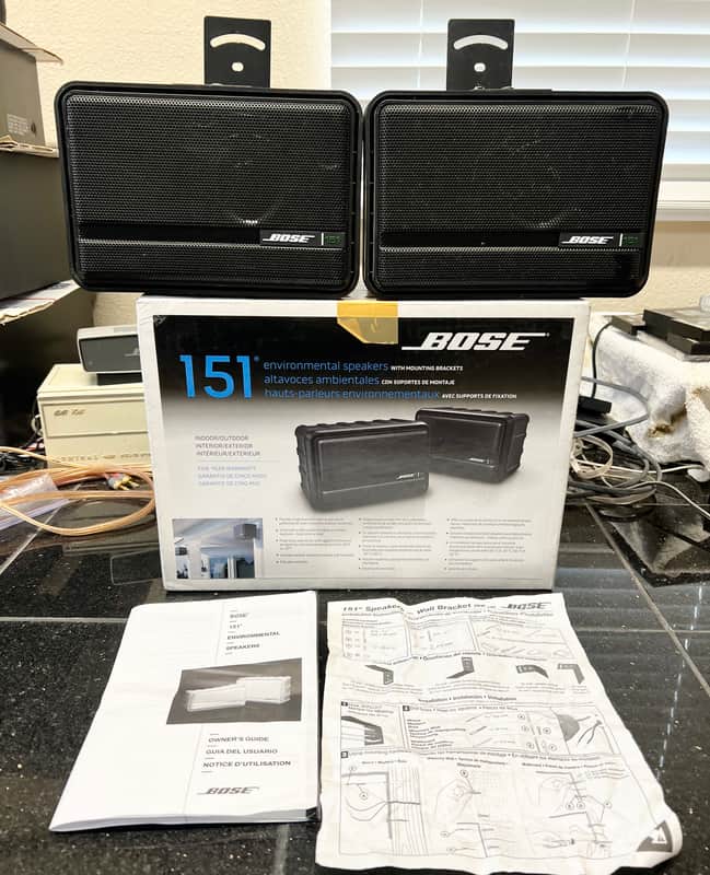 Bose 151 Indoor Outdoor Speakers w/ Mounting Brackets, Original Box & Instructions, Black image 1