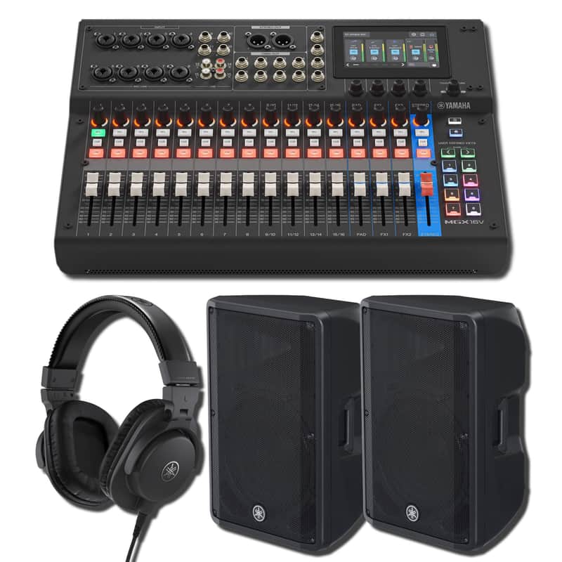 Yamaha MGX16V B 22-Channel Digital Mixing Console Video Streaming Bundle with HDMI-USB 4K Capture, Pair of DBR15 15-Inch 1,000W Powered Speakers, and HPH-MT5 Closed-Back Studio Monitor Headphones image 1