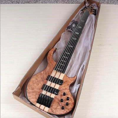 Custom Fretless 5 String Electric Bass, Burl Wood Top Body, Maple Neck image 6