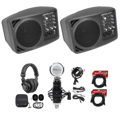 (2) Mackie SRM150 Powered PA Monitor Speakers+Headphones+Studio Mic+XLR Cables image 13
