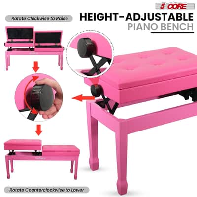 5 Core Duet Piano Bench 3.5 Inch Padded Cushioned Stool Wooden Heavy Duty Musician Chair Height Adjustable Double Keyboard Seat w Storage Nonslip Pink - PNB DT PNK-Pink image 7
