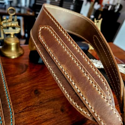 Hand Made, Hand Stitched Guitar strap "Rockatansky" in Taupe & Beige - Vegetable Tanned Leather image 15