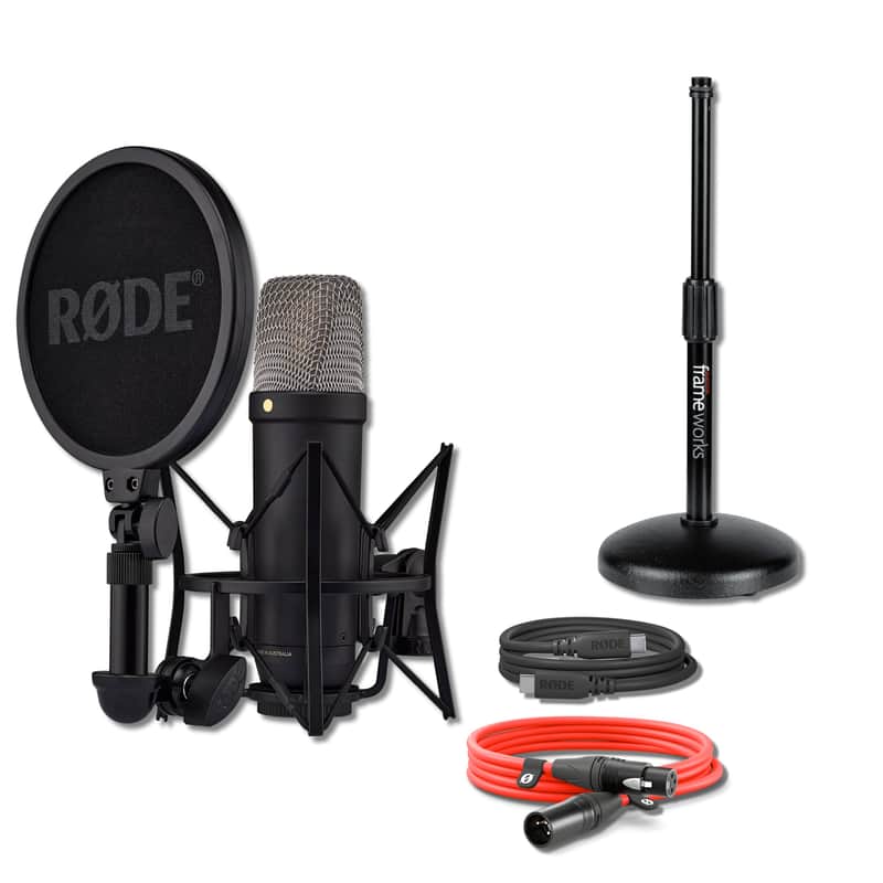 Rode NT1 5th Generation Condenser Microphone (Black) with GFW-MIC-0501 Round Base Desktop Mic Stand and XLR Cable image 1