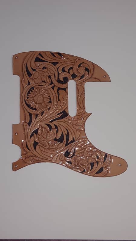 Leather pickguard Fits Fender Telecaster 2019 Black / Natural "Floral Riffs" image 1