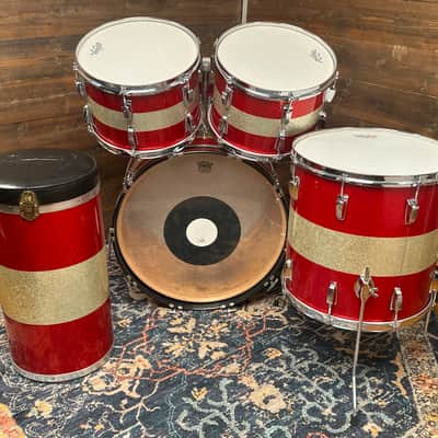 1968 Ludwig Red / Silver Sparkle Tri-Band Drum Set w/ Matching Canister Throne 22/13/13/16 image 9
