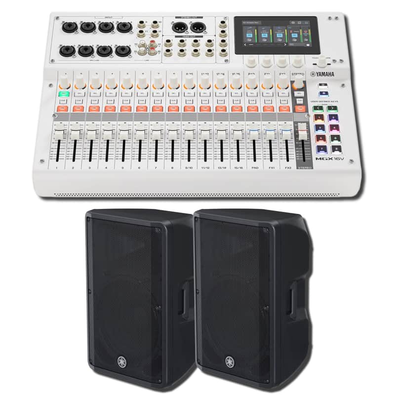Yamaha MGX16V W 22-Channel Digital Mixing Console with HDMI-USB 4K Video Interface and Two DBR15 15-Inch 1,000W Powered Loudspeakers (White Live Sound PA Bundle) image 1