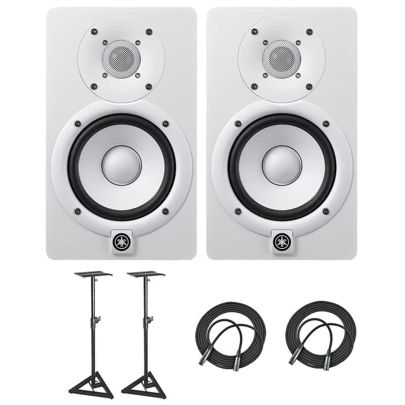 Yamaha HS5 Powered Studio Audio Monitor (White, 2-Pack) with Two 25' XLR Cables and Two Studio Monitor Stands image 1