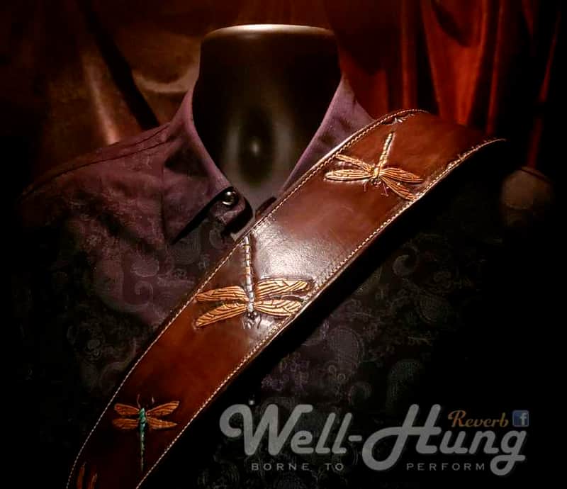 Well-Hung Dragonfly 2-3/4" wide padded leather guitar strap - Dark Brown, Irridescent Dragonflies image 1