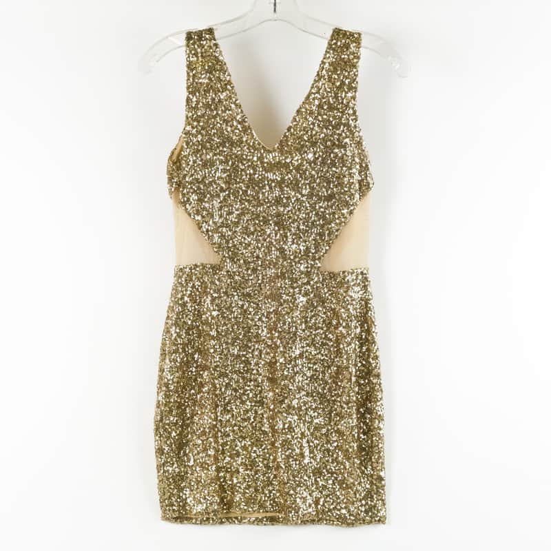 bebe sequin dress gold SUNSHINE BABY SEQUIN MINI DRESS – AKIRA main image 1
