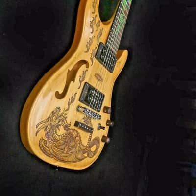 Electric Guitar Handmade by Blueberry, 6 String wood Dragon motif Guitar, Custom Handcrafted Wooden Guitar, Semi Hollow Body Guitar image 5