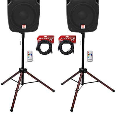 (2) Rockville SPGN128 12" Passive 1200w DJ PA Speakers+LED Stands+Remote+Cables image 1