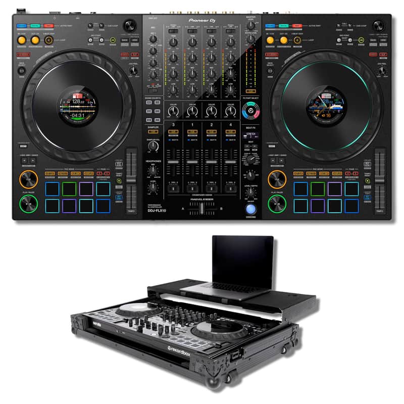 Pioneer DJ DDJ-FLX10 4-Deck DJ Controller with Headliner HL10013 All-Black Rolling Flight Case image 1