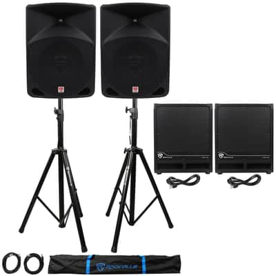 (2) Rockville RPG10 10" Powered 600W DJ PA Speakers+(2) Subs+Stands+Cables+Bag image 1