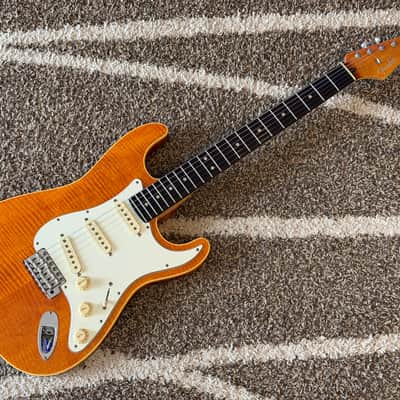 RARE&CLEAN! Fender Japan AST-110DMC Aerodyne Special Flame Maple Top Stratocaster 2006-2008 - Flame Amber Japanese-Market-only Model w/Vanzandt Pup Upgraded MIJ image 2