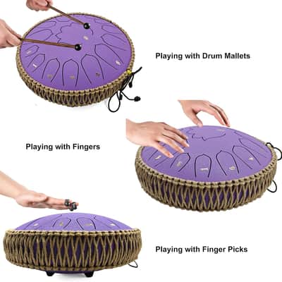 13-Inch 15-Note Steel Tongue Drum – C Major – Handpan Steel Drum for Meditation, Yoga & Relaxation – Includes Mallets, Music Book & Carry Bag (Violet) image 3