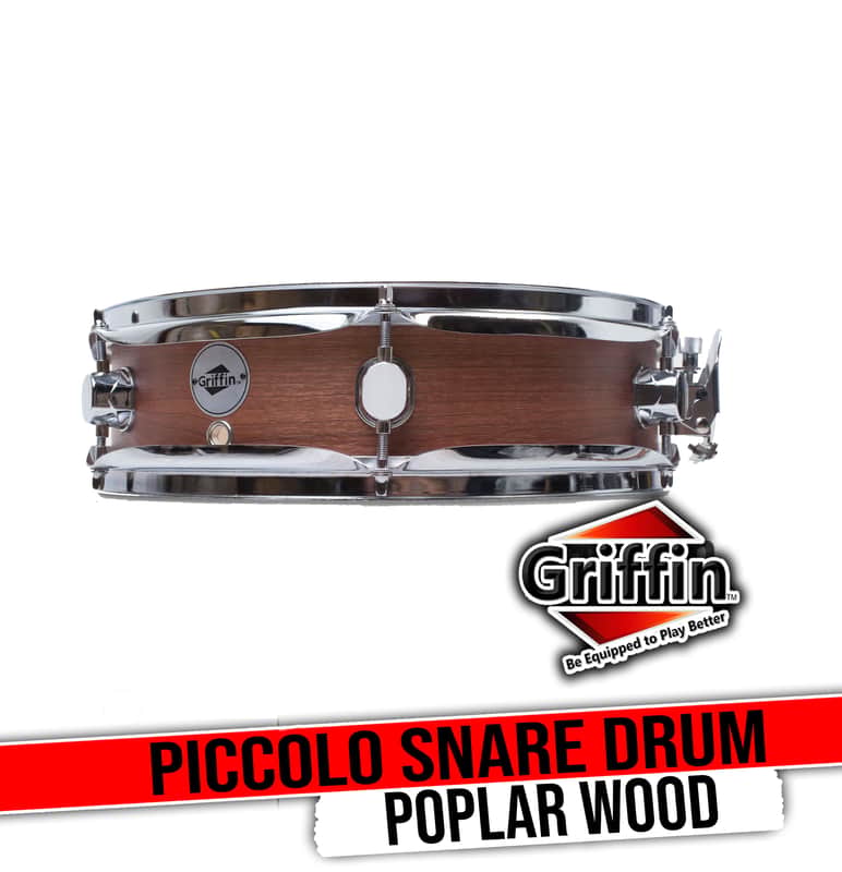 GRIFFIN Snare Drum – 13"x3.5" Poplar Shell (Piccolo littleSNAP Series) with Flat Hickory Finish, Coated Drum Head, Snare Throw Off & Marching Kit Use image 1