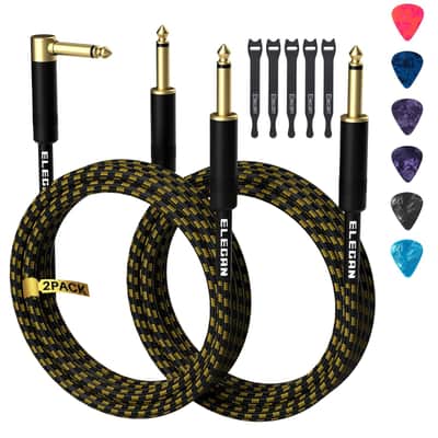 Guitar Cable 4 Feet/2 Pack-Right Angle+Straight to Straight Instrument Cable-Gold Plated Nylon Braided-90 Degree 1/4 Inch TS Electric Bass Guitar Cord Amp Cable 6.35mm Male with 6 Guitar Picks+5 Ties image 1