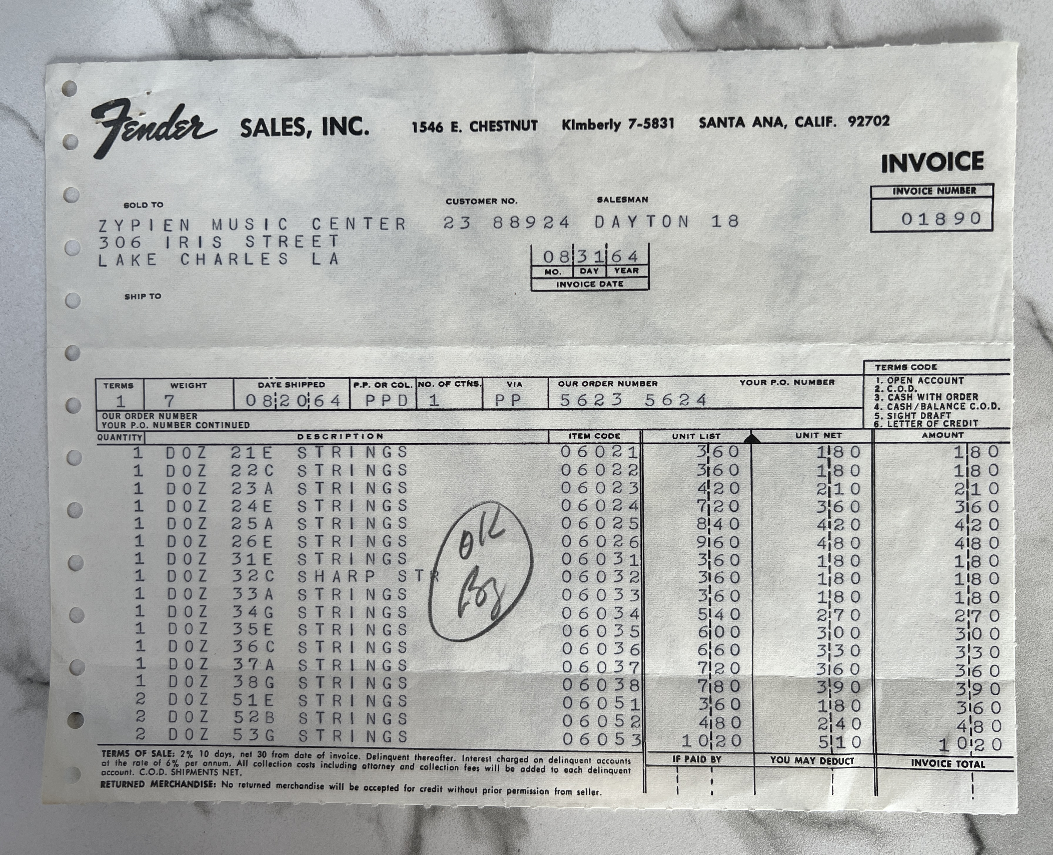1964 Fender Sales Inc. Invoice Rare Vintage Collector Case Candy