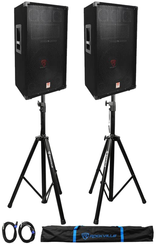 (2) Rockville RSG12 12” 3-Way 1000 Watt 8 Ohm Passive DJ PA Speaker +Stands +Cables image 1