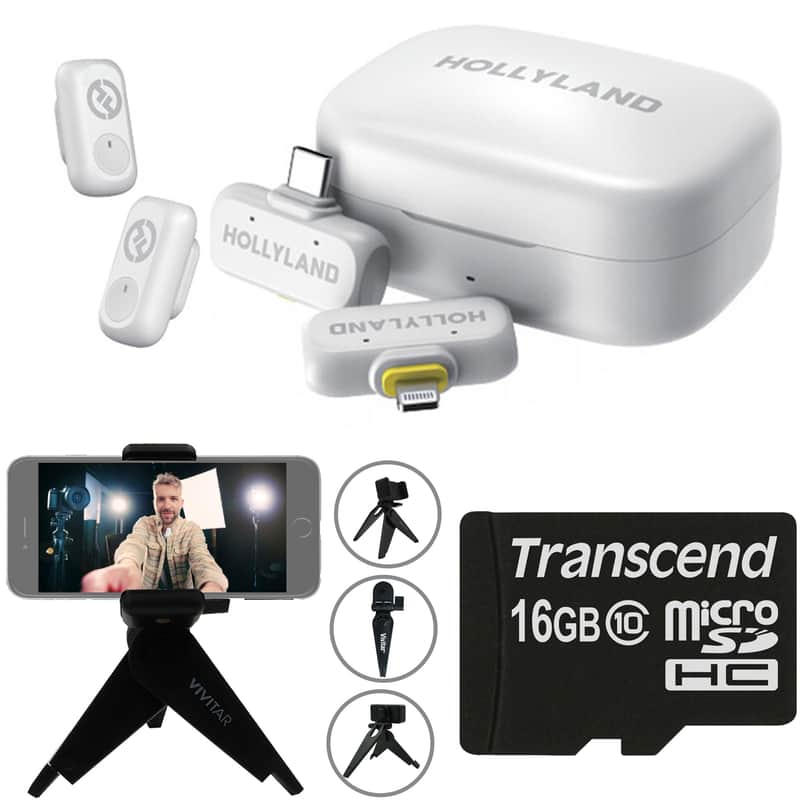 Hollyland LARK A1 Combo 2-Person Wireless Microphone System with USB-C and Lightning Connectors for Mobile Devices (Ivory White, 2.4 GHz) + Vivitar compact Selfie Video Tripod + 16GB Transcend MicroSD Memory Card with Adapter image 1