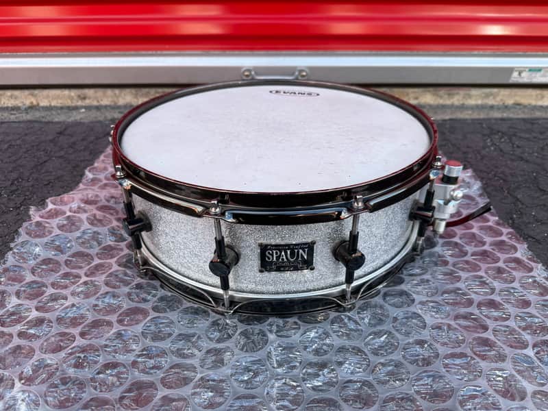 Spaun 5x14 Custom Maple Snare Drum – Silver Sparkle, Black Nickel Hardware, USA Made image 1