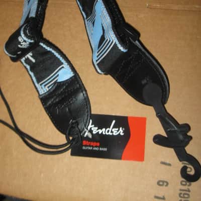 new with tags genuine Fender 2" Monogrammed Guitar Strap Black, Light Gray, and Light Blue - Fender part number: 099-0681-502, Fully adjustable length (39"-72") Woven Fender logo and guitar headstock design, polyester backing, black leather ends image 22