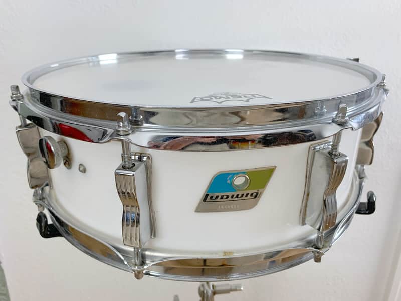 Ludwig Vistalite 5x14 8-Lug Snare Drum 1970s White Opaque Blue & Olive image 1