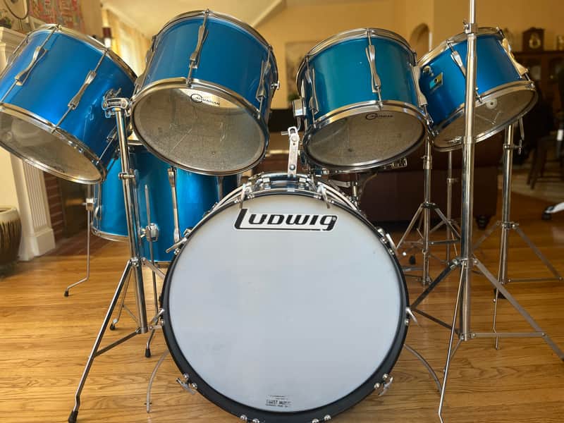 Ludwig 10 piece Mach Lug 1976 Blue Satin Drum Set image 1