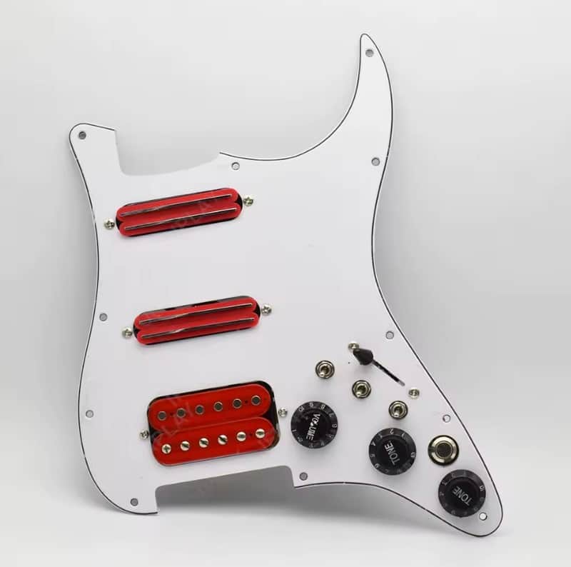 White HSS Guitar Stratocaster Strat Style Pickguard with Red Pickups image 1