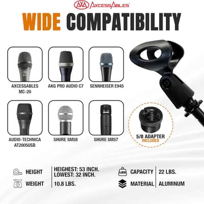 AxcessAbles AXCMS-201TB One Hand Microphone Stand with Tripod Base and Quick Grip Height Adjustment - Telescoping Mic Boom Arm Included. Tall Microphone Stand for Singing 2-Pack image 7