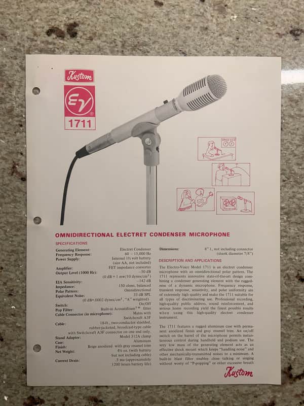 Vintage 1970s Kustom Electro Voice 1711 Omnidirectional Electret Condenser Microphone Spec Sheet! image 1