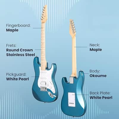 Electric Guitar Set Beginner - 39in Starter Guitar Kit with HSS Pickup Solid Okoume Body Electric Guitar Adults with Amplifier Gig Bag Strap Picks Strings Cable Blue image 2