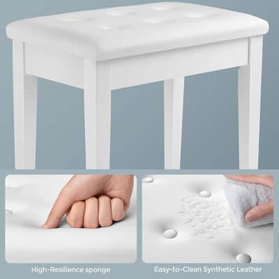 Piano Bench with Padded Cushion and Storage Compartment for Music Books, Vanity Stool, Tufted Wooden Piano Seat, 13.8 x 22 x 19.5 Inches, White image 3